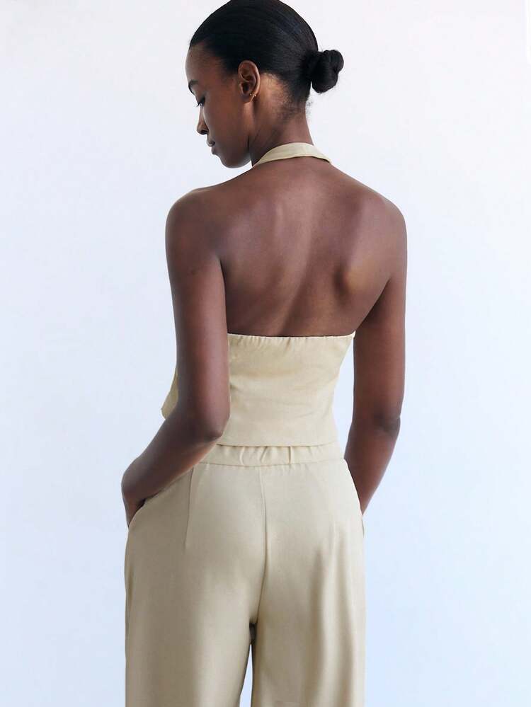 SHEIN Maija 2-Piece Women's Set, Featuring V-Neck Sleeveless Top With Rose Buttons, And Straight-Leg Pants, Versatile For All Seasons, Suitable For Business, Casual, Office Wear, Urban Professional Style  Business Casual Women's Office Wear Low-Key Old Money Style Effortless Temperament High-End Urban Commuting King Magazine Editor-In-Chief Same Style Urban Social Vacation Party Wear Charming Women's Airport Clothing Stockholm Style All-Season Women's Airport Clothing Stockholm Metal Decoration Fall Clothes