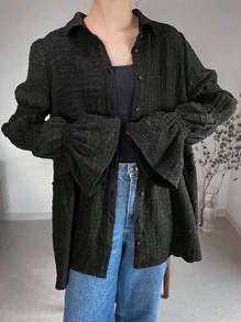FRIFUL Women's Solid Color Ruffle Sleeve Single-Breasted Loose Casual Shirt Long Sleeve Top - Black - View 1