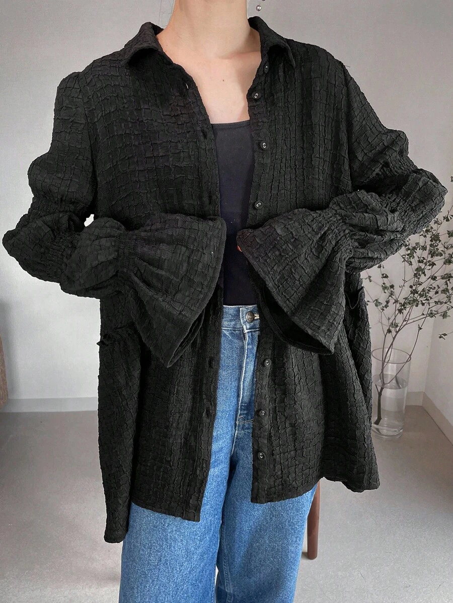 FRIFUL Women's Solid Color Ruffle Sleeve Single-Breasted Loose Casual Shirt Long Sleeve Top - Black - View 1