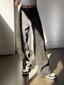 Livesso Women's Fall Leopard Print Relaxed Casual Street Style Loose Fit Jeans, Tall Women - Brown - View 3
