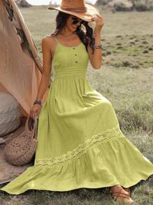 Breezaya Váy yếm ren xếp nếp viền tương phản cho nữ mùa hè, váy maxi đi biển mùa hè - Màu Mù tạt vàng - Xem 3