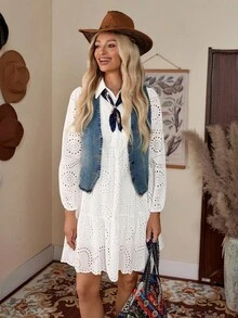 LanaWest Women's Hollow Out Lantern Sleeve Long Sleeve Dress - White - View 2