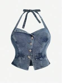 SHEIN MOD 大码女式牛仔美式复古挂脖背心夹克 - 中等水洗藍 - 查看 3