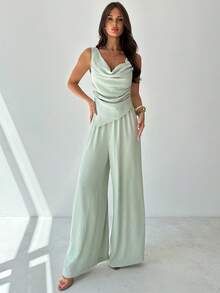 Firerie 女士简约优雅日常通勤休闲都市时尚百搭绿色纹理无袖不对称肩部宽松上衣和阔腿裤套装，夏季服装 - 綠色 - 查看 7