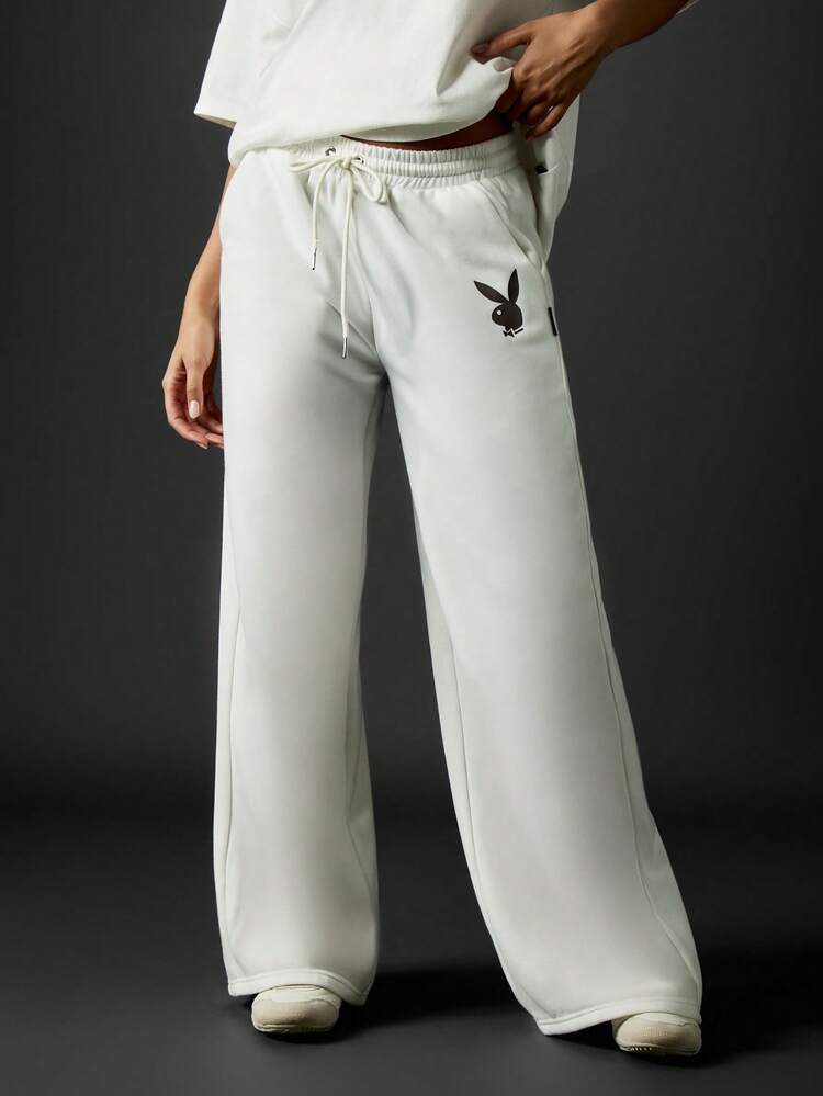 Missguided x Playboy Wide Leg Sweatpants With Logo And Text Loungewear Comfort Elastic Waist Drawstring Cozy Casual Home Fall Winter Pants