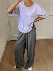 DAZY 2pcs Women Casual Loose Fit Letter Print Short Sleeve Top And Pants Set Pajama - Dusty Purple - View 4