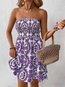 Breezaya 女士时尚蓝色印花露肩连衣裙度假海滩装 - 紫色 - 查看 5
