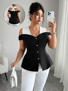 Elenzga 大码女式梭织拼色露肩纽扣高端优雅浪漫衬衫 - 黑與白 - 查看 1