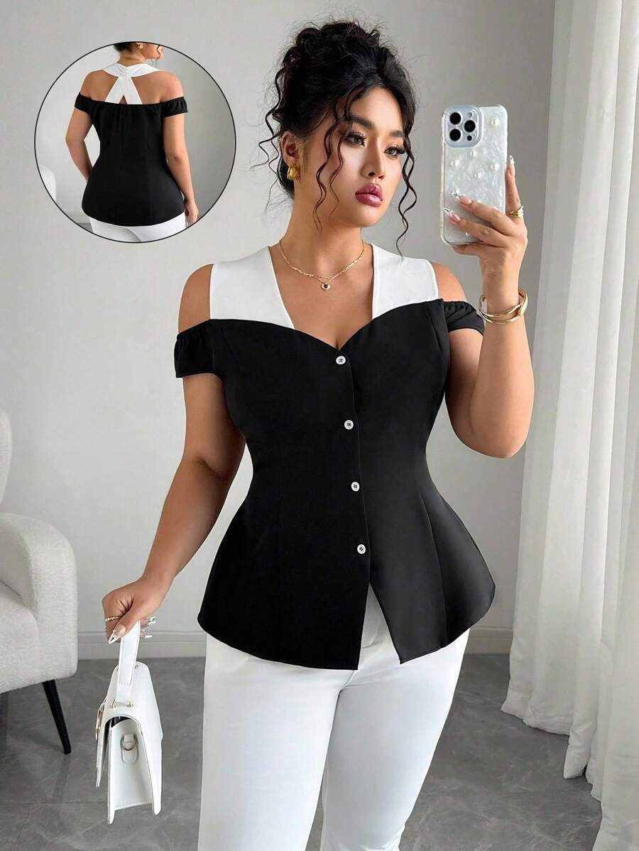 Elenzga 大码女式梭织拼色露肩纽扣高端优雅浪漫衬衫 - 黑與白 - 查看 1