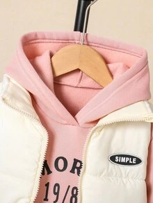 SHEIN Explorewe 3件組少女淺粉色連帽衛衣、長褲、絎縫無袖背心套裝，柔軟舒適返校穿搭，秋季校園少女服飾 - 粉色 - 查看 3