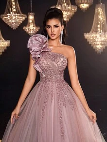 Glamrae 优雅奢华缎面肩部串珠亮片装饰薄纱泡泡裙，适合婚礼、派对、毕业典礼、度假、舞会、庆典（重度装饰） - 藕粉色 - 查看 5