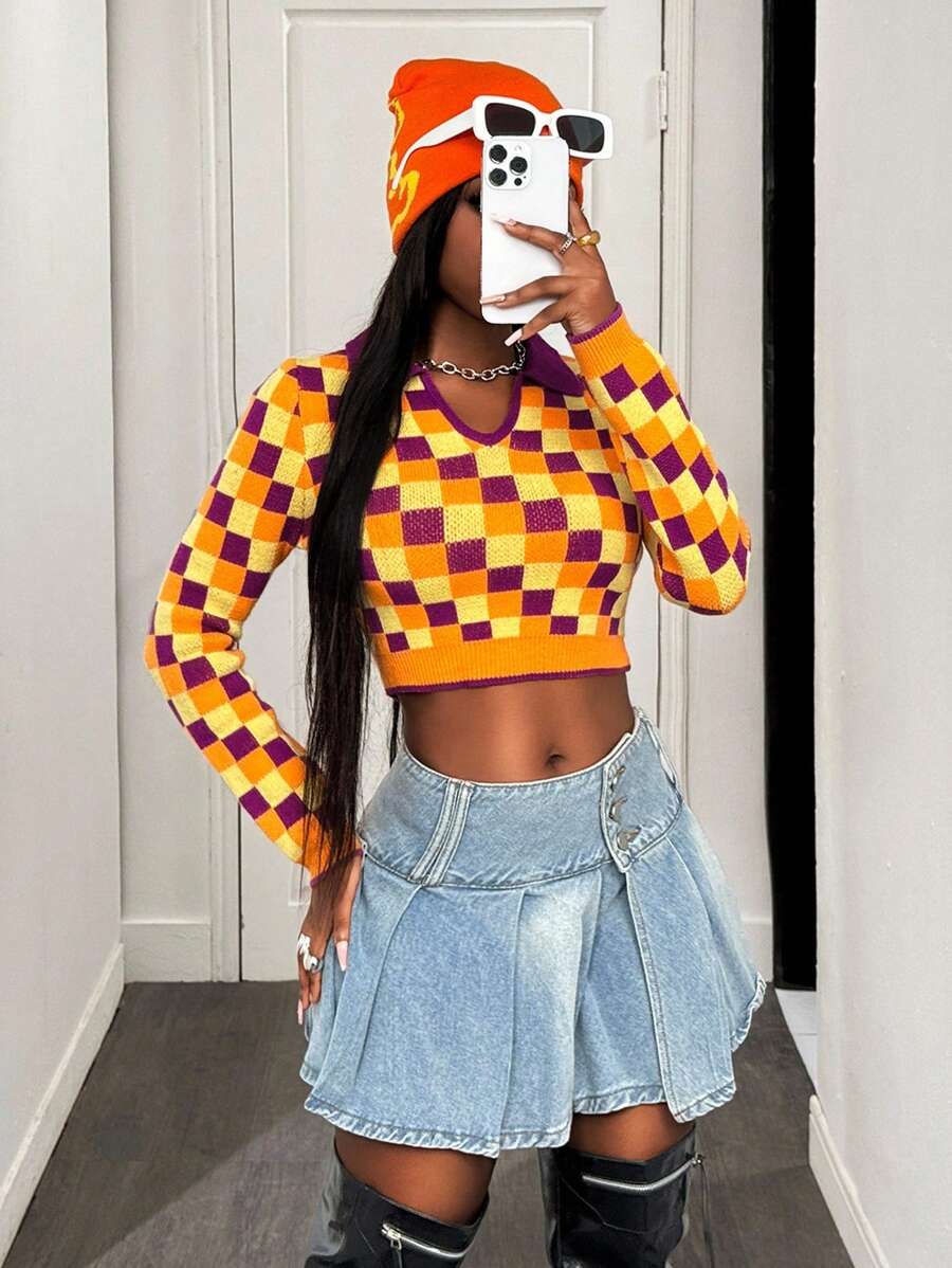 BamGleam Women's Fashion Plaid Collar Short Sweater Fall Winter Cloth For Women - Red Violet - View 1