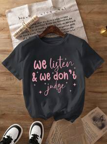 INAWLY 大码女式夏季标语印花圆领短袖休闲百搭T恤 - 深灰色 - 查看 1