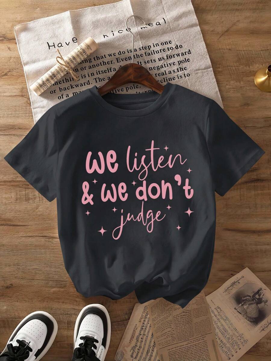 INAWLY 大码女式夏季标语印花圆领短袖休闲百搭T恤 - 深灰色 - 查看 1