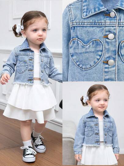 SHEIN Baby Girl Y2k Cute Denim Cute Heart-Shaped Pocket Long-Sleeved Short Jacket,Fall Kid's Casual And Comfortable Wear,Back To School Clothes,Kawaii, Toddler Girl Jean Jacket Winter
