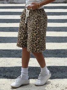 DAZY 女式夏季豹纹系带牛仔短裤 - 棕色 - 查看 5