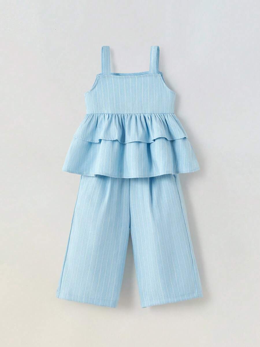 Maija Kids Maija Kids 2pcs/Set Striped Fabric Young Girl Tank Top & Wide Leg Pants - Blue - View 1