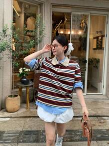 DAZY 女士条纹休闲韩版短袖T恤，适合返校季 - 咖啡棕 - 查看 9