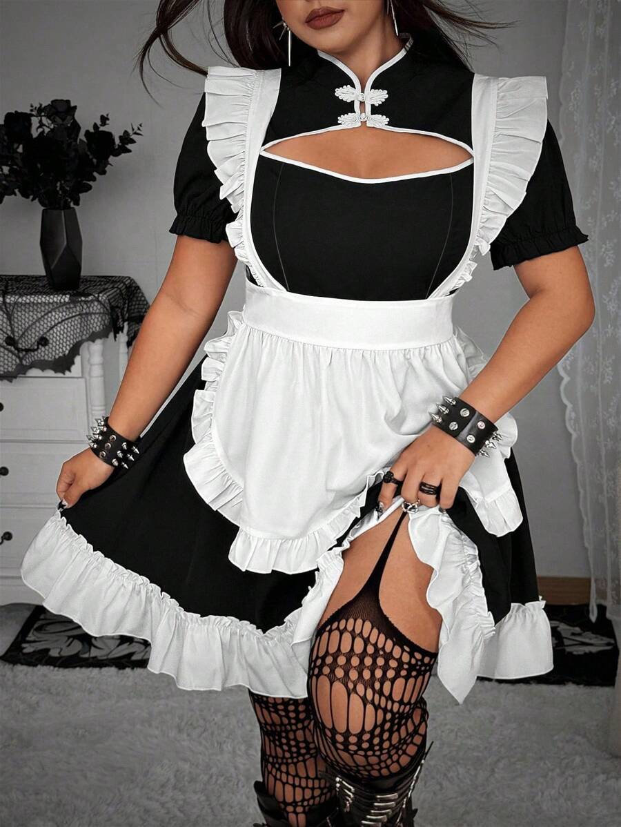 Whyspr 大码可爱甜美女仆腰束腰连衣裙 - 黑與白 - 查看 1