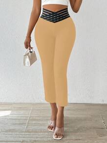 SHEIN Clasi Women's Waist Mesh Patchwork Skinny Fashion Pants - Apricot - View 6