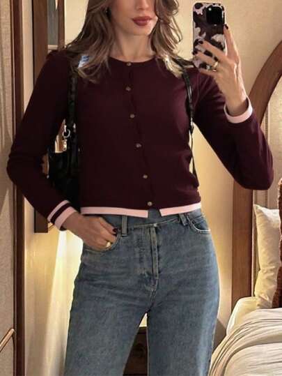 Pariaura Women's Casual Daily Color Block 2 In 1 Round Neck Regular Shoulder Long Sleeve Fitted Button-Up Cardigan Knitted Sweater Clothes For University Fall Winter Cloth For Women