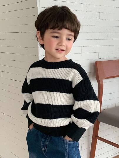 DAZY 幼儿男童宽松休闲条纹针织毛衣，基本款圆领长袖，秋季