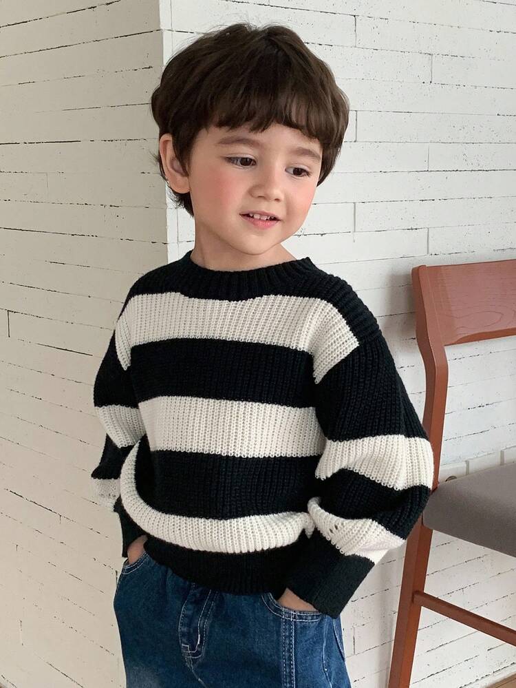 Toddler Boys' Loose Casual Striped Knit Sweater, Basic Round Neck Long Sleeve, Autumn