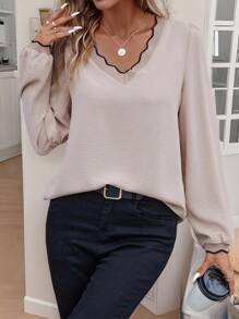 SHEIN Frenchy Teacher Outfits Earthy Clothes Scallop Trim Lantern Sleeve Blouse,Commute,Office,Old Money,Simple,Minimalist, Winter Casual - Apricot - View 5
