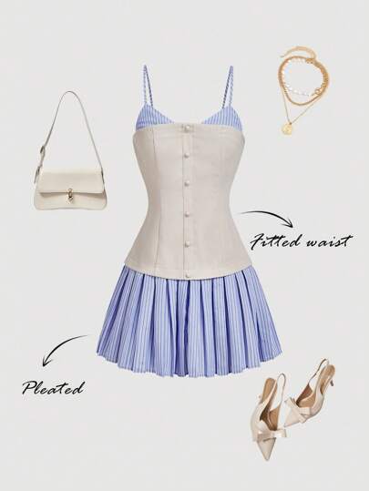 SHEIN MOD 女式夏季拼布条纹纽扣设计二合一细肩带迷你连衣裙