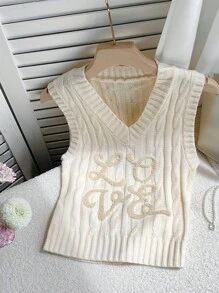 女式字母刺绣麻花V领休闲针织背心，秋季女装女式麻花针织背心 - 杏色 - 查看 3