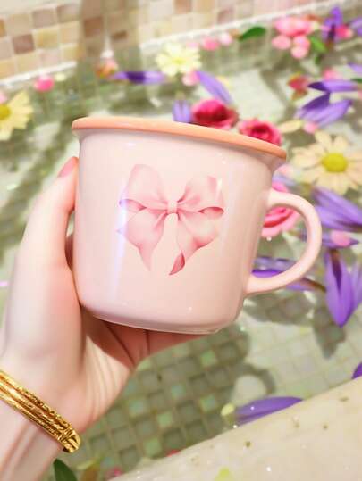 Kawaii 1pc Colored Ceramic Coffee Cup, Pink Simple Household Water Cup, Dishwasher, Microwave Compatible,Bow Pattern Cup, Kawaii Style,Suitable For Restaurant Or Home,Home Decor