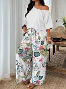 Weeklong Random Print Casual Vacation Style Plus Size 2 Pieces Set
