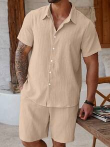 Manfinity Homme Costum casual pentru bărbați, mărime plus, culoare solidă, mânecă scurtă, cu un singur nasture, cămașă și pantaloni scurți - Kaki - Vizualizare 6