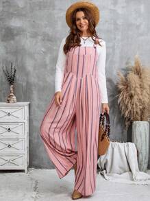 EMERY ROSE Plus Size Women's Pastel Pink Striped Summer Boho Vacation Holiday Casual Pocket Design Pleated Wide Leg Palazzo Jumpsuit Fall Long Clothes - Multicolor - View 6
