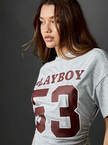 Missguided x Playboy Oversized T Shirt With Cinched Waist Design Retro Varsity Number Print Collegiate Style Cotton Casual Summer Tee Street Fashion Top Crew Neck - Light Grey - View 5