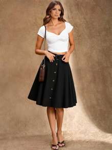 EMERY ROSE Casual Everyday Sunburst Button Decor Women's Skirt - Black - View 4