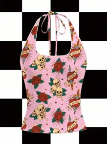 Shutterstock Women's Skeleton & Floral Print Fashion Halter Neck Tank Top Pink Top Skull Print Top Rose Print Top Tattoo Print Top Pink Halter Top - Pink - View 4
