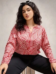 Zelara Blusa casual de talla grande para mujer con cuello en V, mangas raglán y patrón geométrico de bloques de color, blusas de trabajo de talla grande, blusas de trabajo para mujer de talla grande - Rojo y blanco - Ver 5