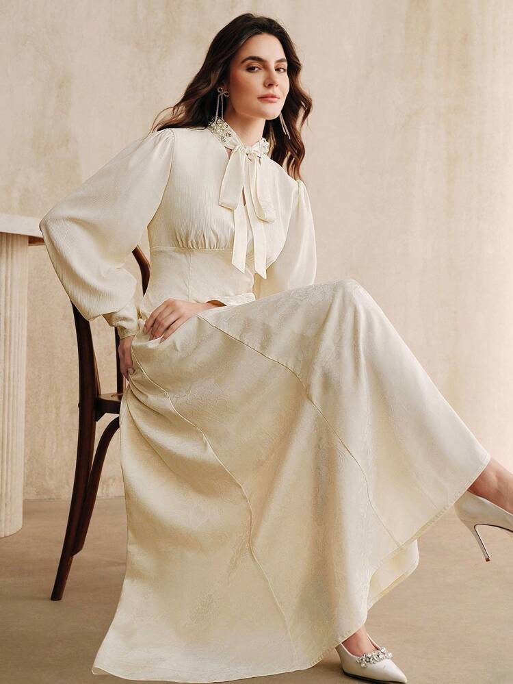 Women's Long Sleeve Flared Bow Elegant Dress, Graceful Holiday Dress