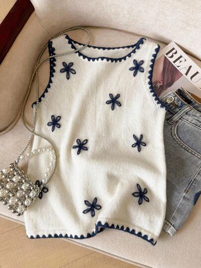 SHEIN Frenchy Women's Autumn Elegant Contrast Trim Floral Pattern Sleeveless Knitted Top Autumn New Arrival Back To School Fall Women Clothes Cute Tops School Clothes, Women Sleeveless Tops Sweater Vest For Women    Knitted Tops For Women     Summer Sweaters For Women Winter Casual