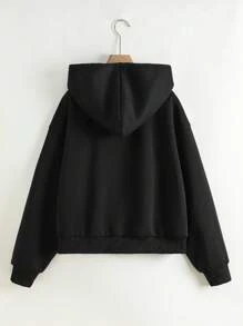 SHEIN Plus Size Women's Solid Color Drop Shoulder Long Sleeve Zipper Front Drawstring Hooded Jacket Fall Winter Cloth For Women Autumn - Black - View 2