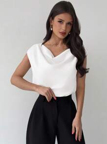 Firerie 夏季新款优雅不对称荷叶边领无袖缎面女式紧身衣，杏色，简约设计，适合约会、通勤、办公室穿着，别致 - 白色 - 查看 5