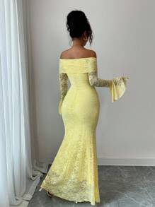 Selianne Vestido midi con hombros descubiertos, mangas acampanadas y ajuste elegante y versátil para mujer, en estilo minimalista y de moda, apto para otoño