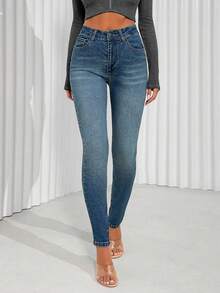 EURMUSE Casual Commute Washed High Waist Slim Fit Jeans Long Sleeve Cropped Top Jeans Top Jeans High Waist Jean Two Piece Set Tall Jeans Woman - Medium Wash - View 4