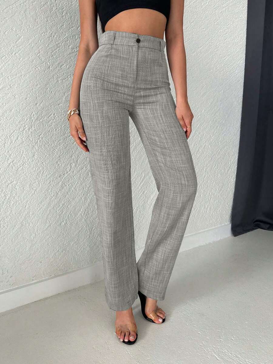 EURMUSE Zipper Fly Straight Leg Trousers - Grey - View 1