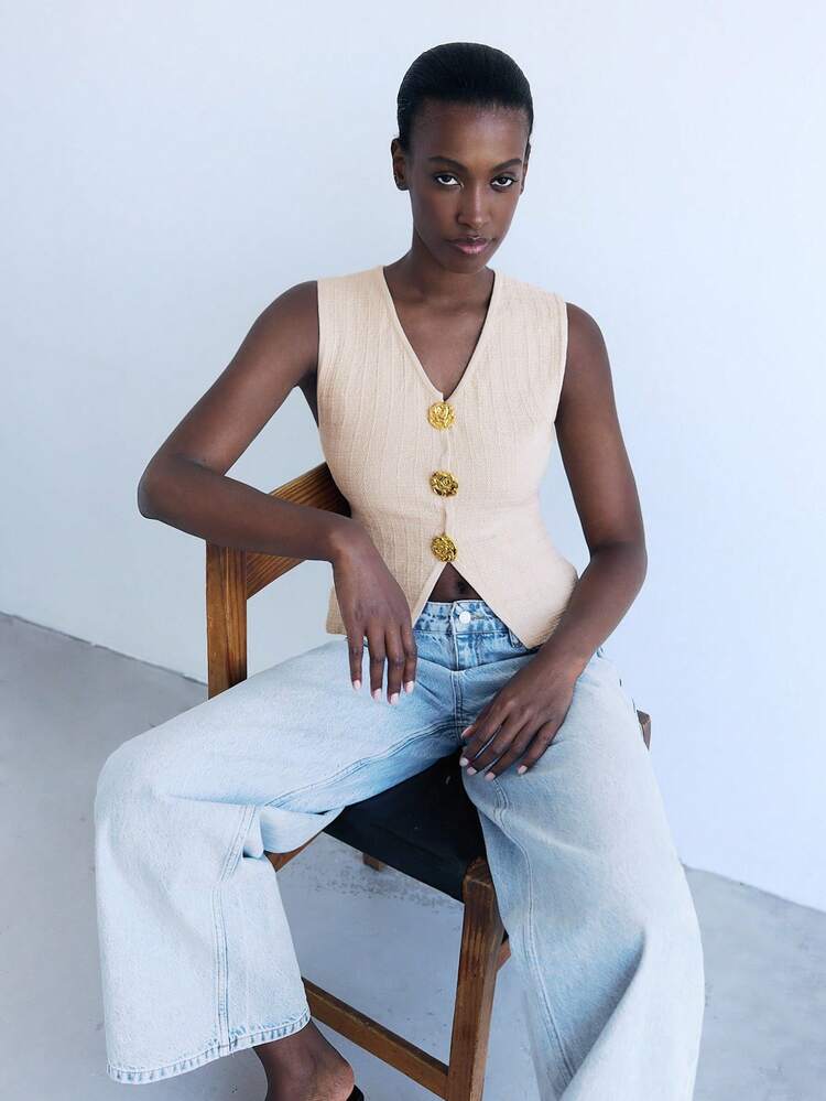 SHEIN Maija Blusa aderente in maglia con scollo a V, decorazione floreale in metallo e spacchi sul fondo, in tessuto effetto strutturato, colore tinta unita, da donna per l estate