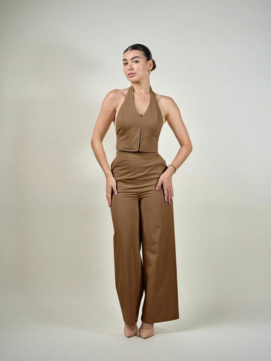 Andrea Bello Deep V Neck Sleeveless Backless Top And Wide Leg Pants 2 Pieces Set, Elegant Lady Style Suit For Office, Commuting, Street Wear, Slimming & Height Enhancing, Spring/Summer - Camel - View 1