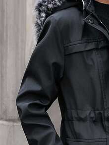 EURMUSE Winter Parka, Extended Length Design, Faux Fur Trimmed Hood, Hidden Front Zip With Storm Flap, Large Utility Pocket Design, Drawstring Waist Adjustment, Mid-Thigh Length Cut, Weather-Resistant Material, Classic Winter Coat Silhouette, Practical Urban Style, Perfect For Cold Weather Protection - Black - View 7