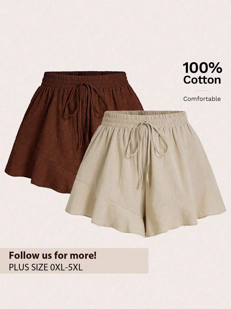 Elaquor 法式荷叶边下摆加大码纯色短裤 - 彩色 - 查看 1