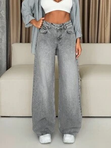 EURMUSE 休闲时尚百搭简约阔腿女式牛仔裤 - 中等水洗藍 - 查看 4